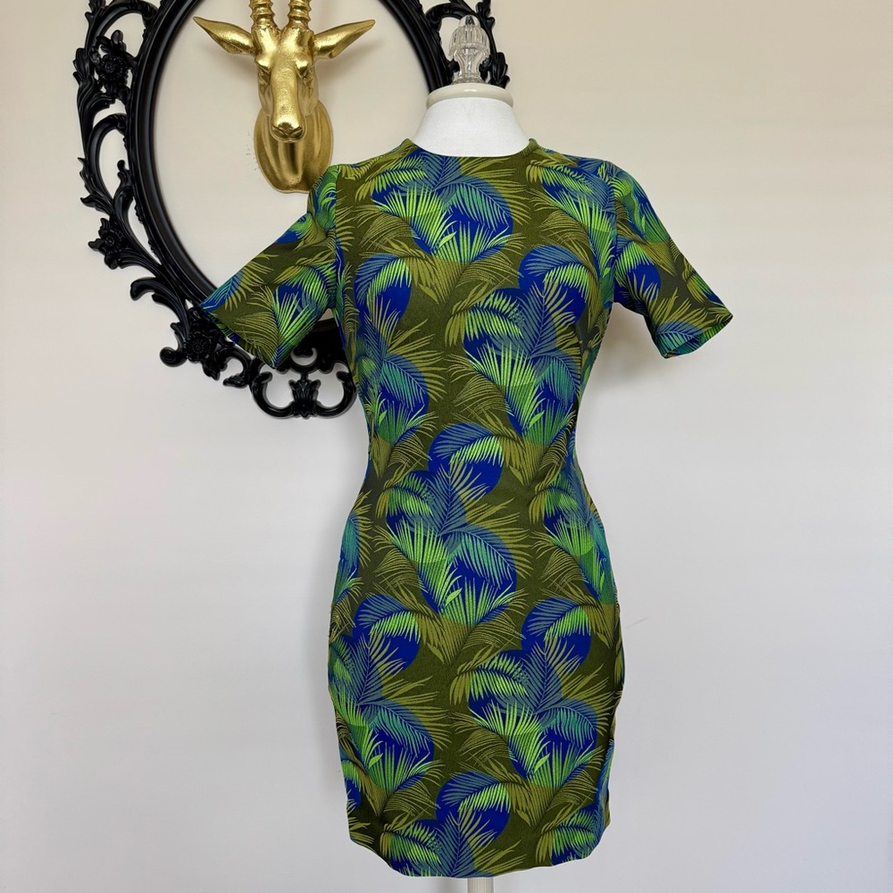 & Other Stories Tropical Green and Blue Leaf Print Short Sleeves Open Back Dress